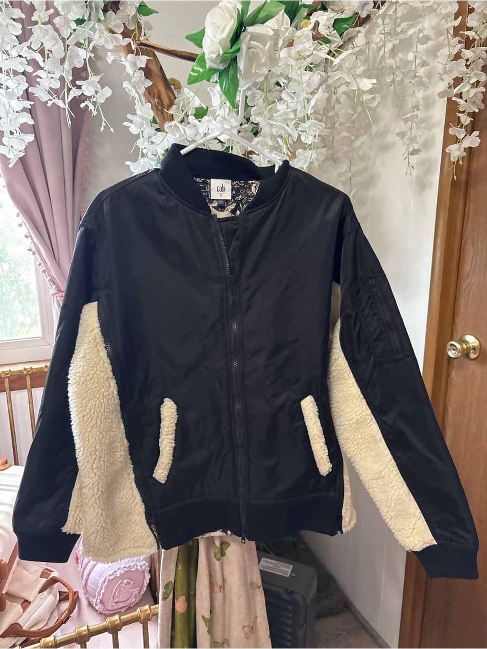 CAbi Charisma Black Bomber Jacket with Cream Sherpa Trim - Picture 4 of 9